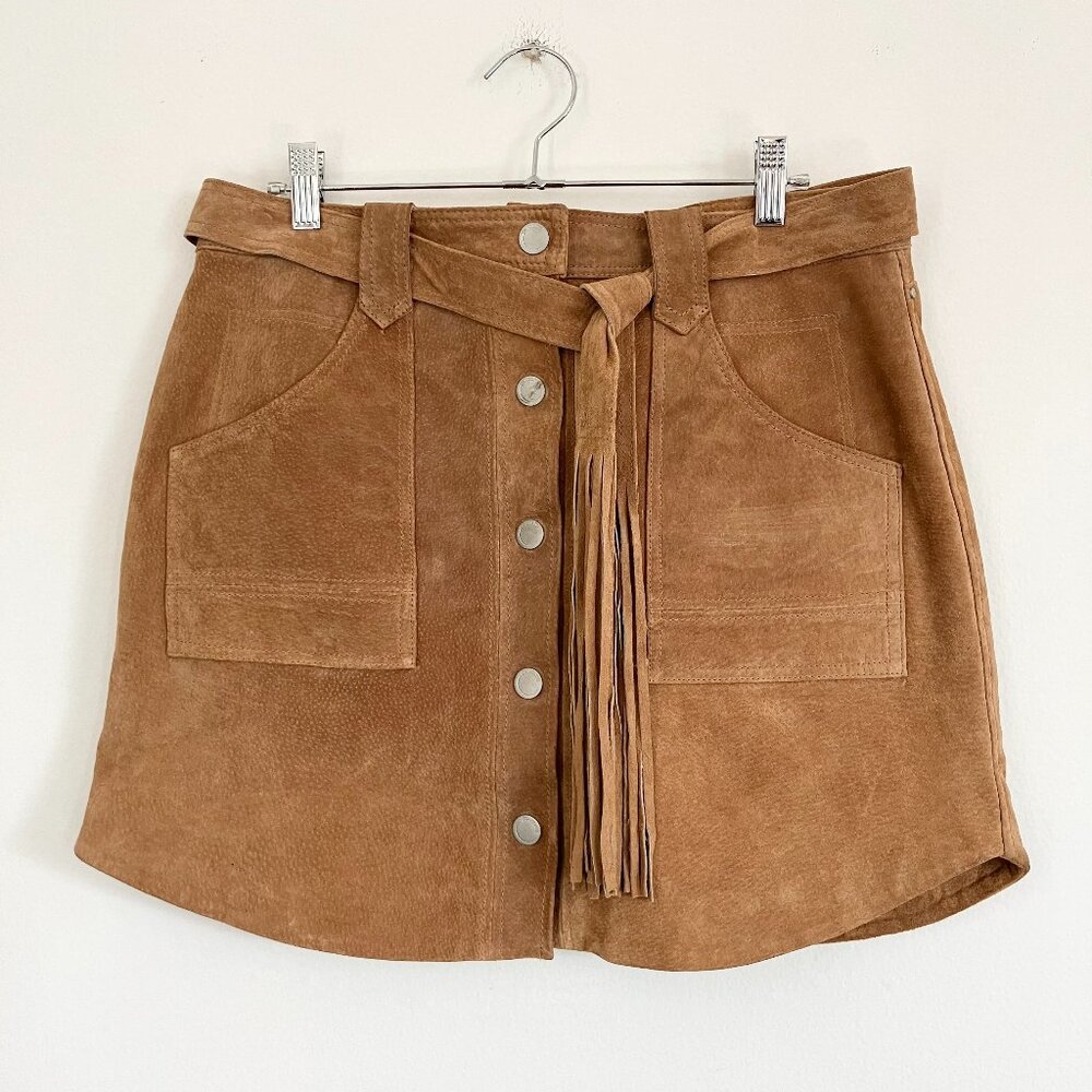Blank NYC Real Suede Leather Button Front Mini Skirt w/ Fringe Belt